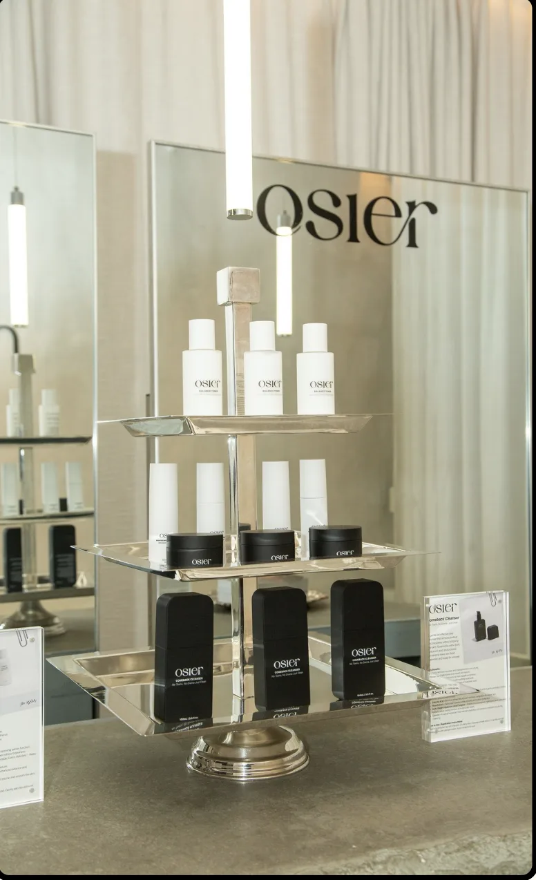 Tiered silver display showcasing Osier products