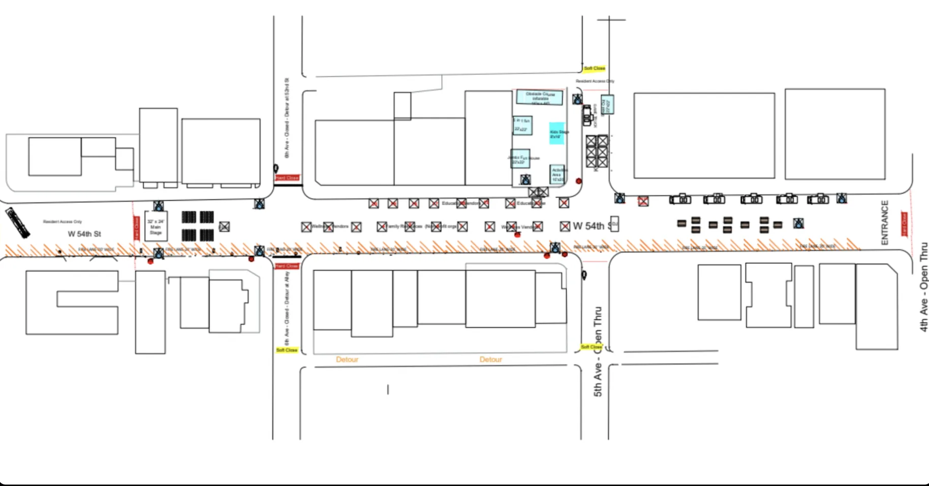 Festival site map spanning five city blocks with stage, activations, and street closures